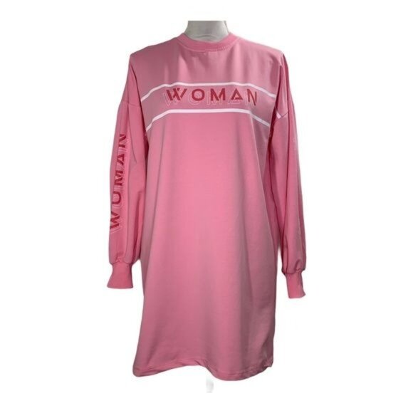 Boohoo Dress Womens Size 8 Mini Graphic Sweatshirt Long Sleeve Pink Fall Casual - Picture 1 of 10